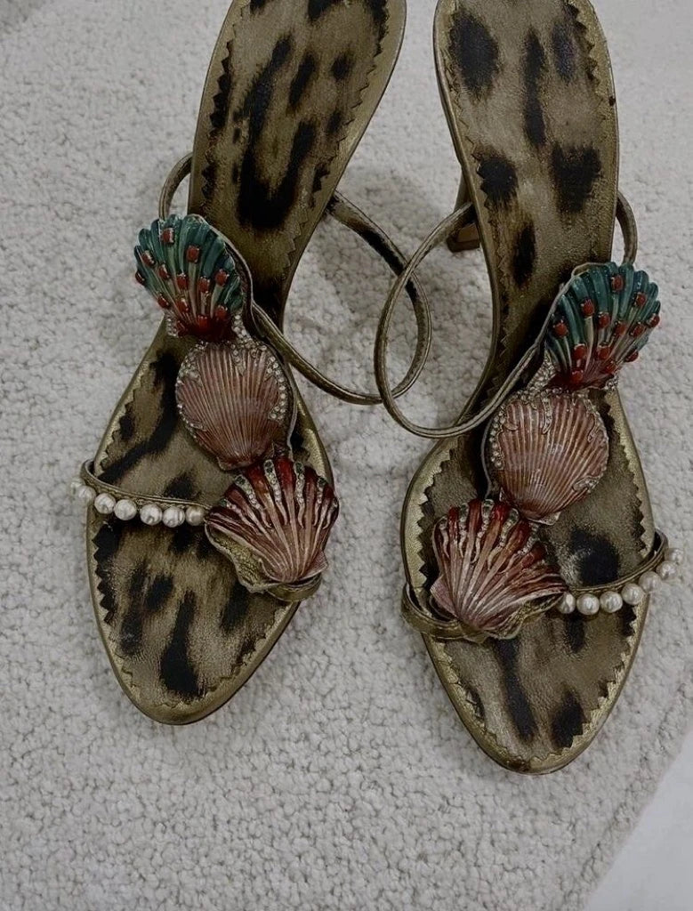 Leopard Pearl Shell Double Strap Sandals