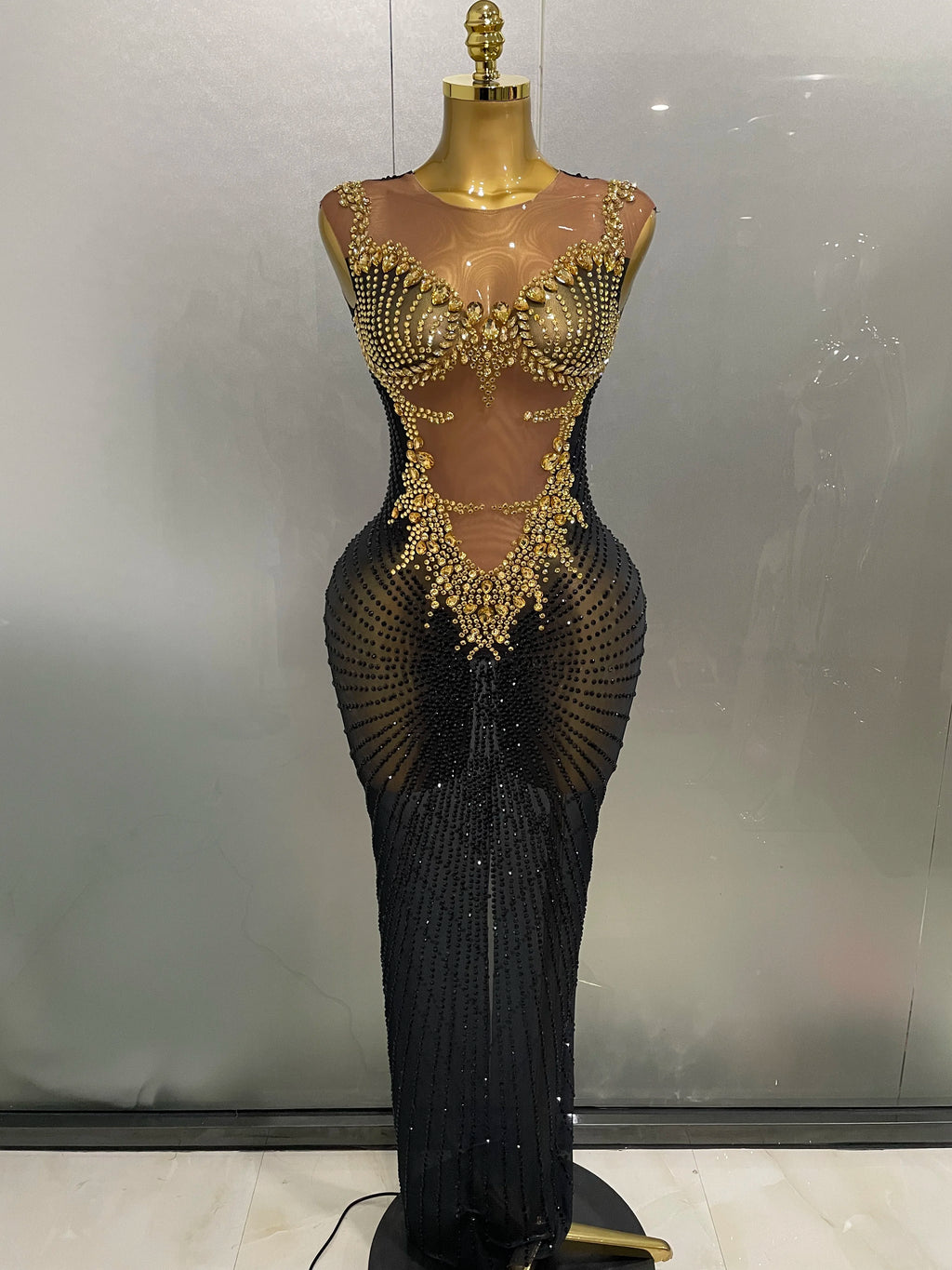 Stock Sparkly Rhinestone Sleeveless Sheer Long Dress – Women’s Party & Stagewear