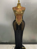 Stock Sparkly Rhinestone Sleeveless Sheer Long Dress – Women’s Party & Stagewear