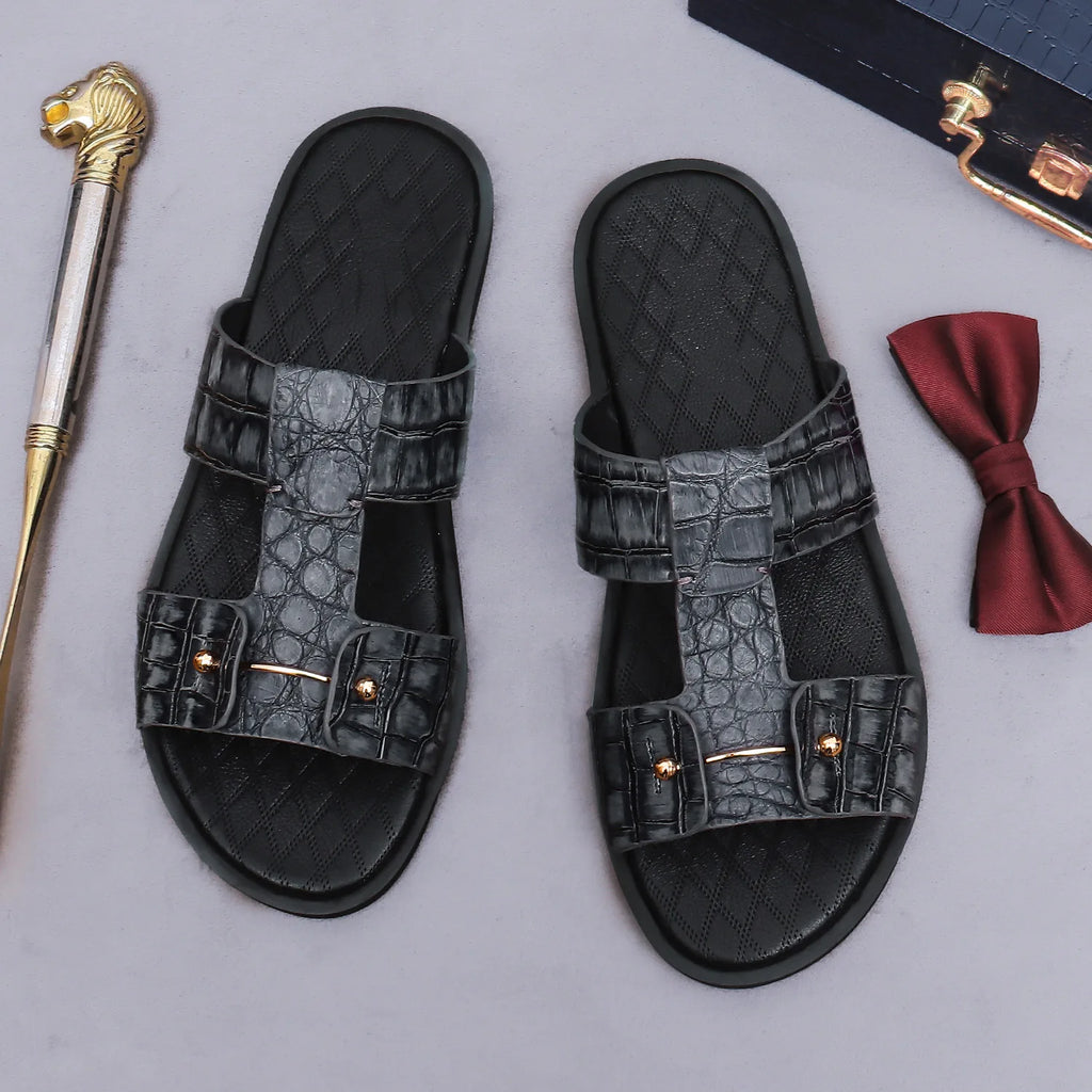 Premium Men’s Leather Slide Sandals – Croc Print