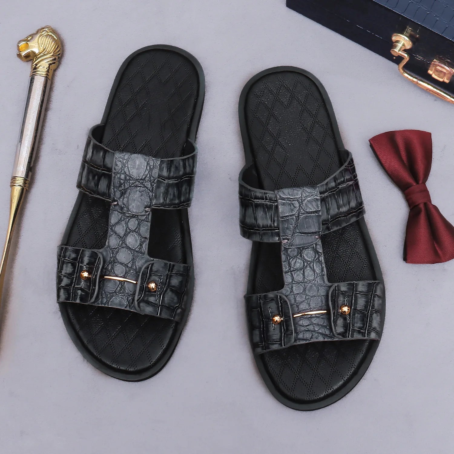 Premium Men’s Leather Slide Sandals – Croc Print