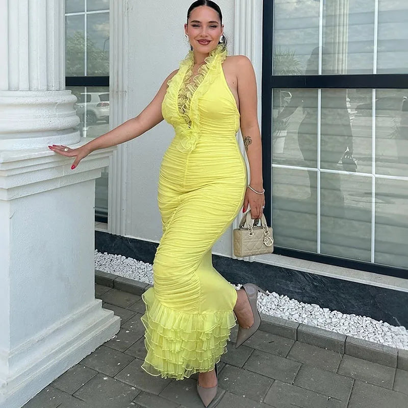 Halter Deep V-Neck Bodycon Maxi Dress