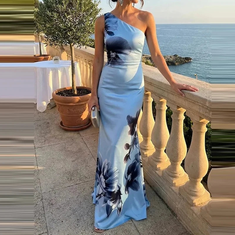 Floral Slash Collar Chiffon Evening Dress