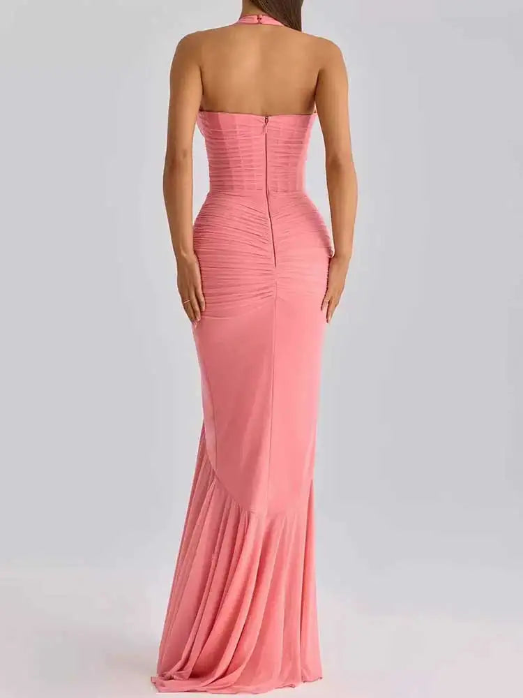 Mesh Deep V-Neck Halter Maxi Dress