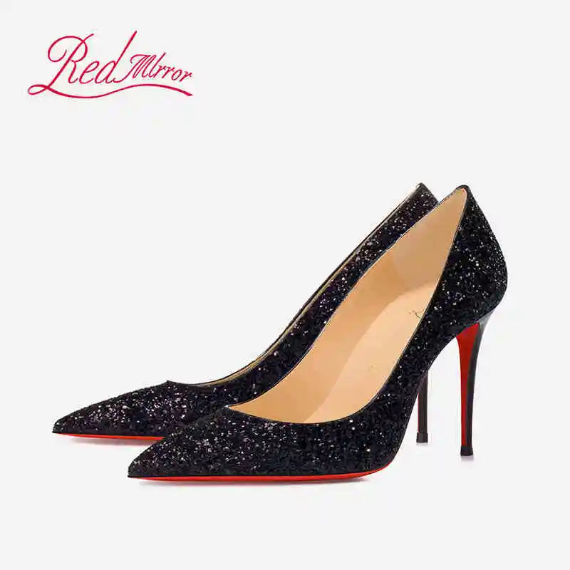 Black Pointed Heels with Red Shiny Bottoms