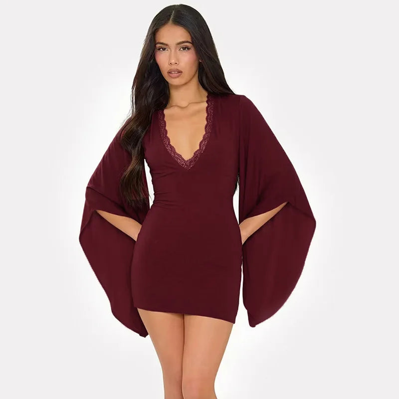 Elegant V-Neck Lace Flare Sleeve Mini Dress