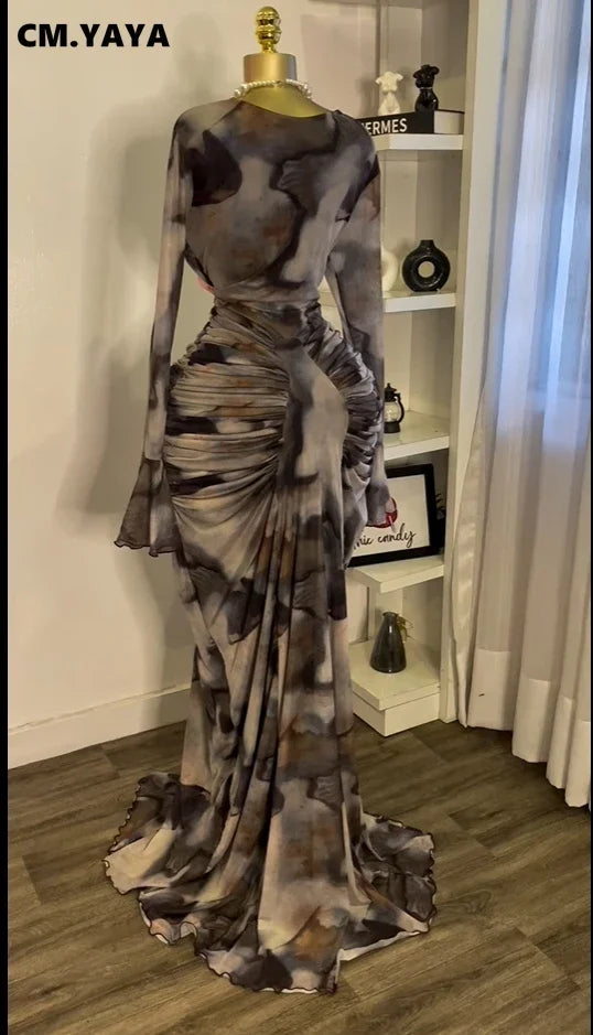 Tie-Dye Skew Neck Flare Sleeve Maxi Dress