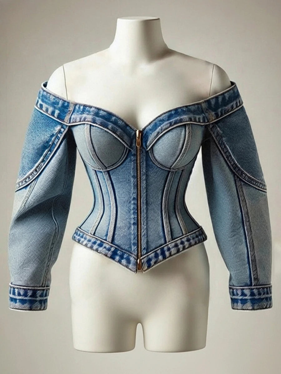 Goth Y2K Off-Shoulder Denim Top – Slim-Fit Zip-Up Long-Sleeve Blouse
