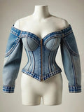 Goth Y2K Off-Shoulder Denim Top – Slim-Fit Zip-Up Long-Sleeve Blouse