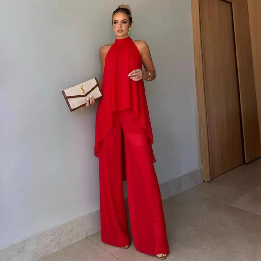 Women Summer Pants Suit: Asymmetrical Sleeveless 2-Piece Set