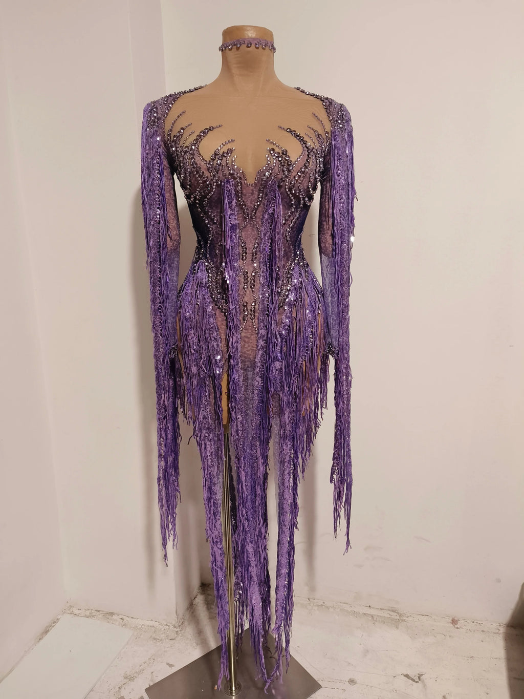 Women’s Purple Rhinestone Tassel Sheer Mesh Dress – Long Sleeve Party & Stagewear