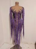 Women’s Purple Rhinestone Tassel Sheer Mesh Dress – Long Sleeve Party & Stagewear
