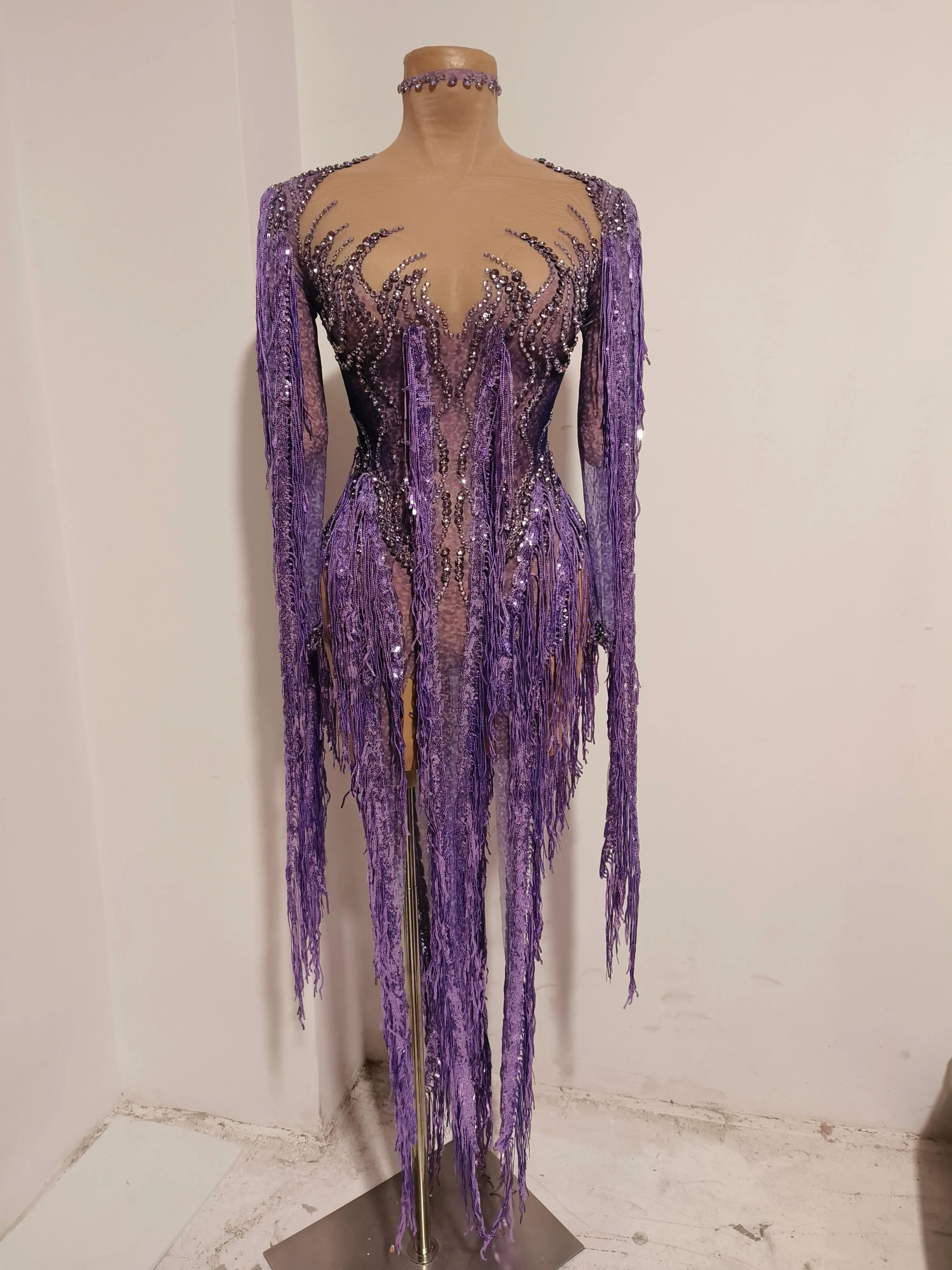 Women’s Purple Rhinestone Tassel Sheer Mesh Dress – Long Sleeve Party & Stagewear