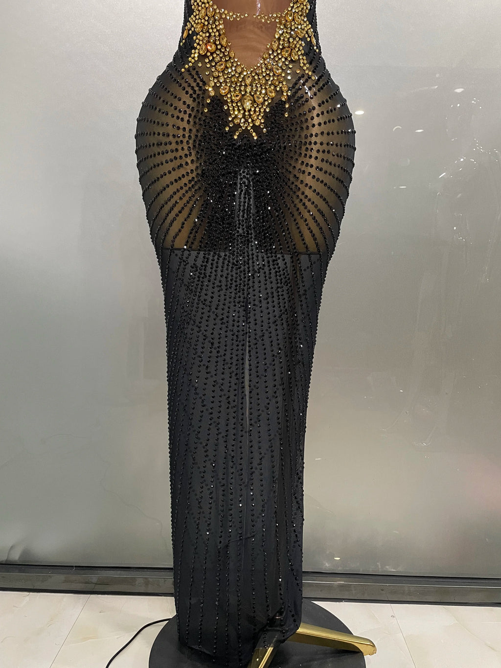 Stock Sparkly Rhinestone Sleeveless Sheer Long Dress – Women’s Party & Stagewear
