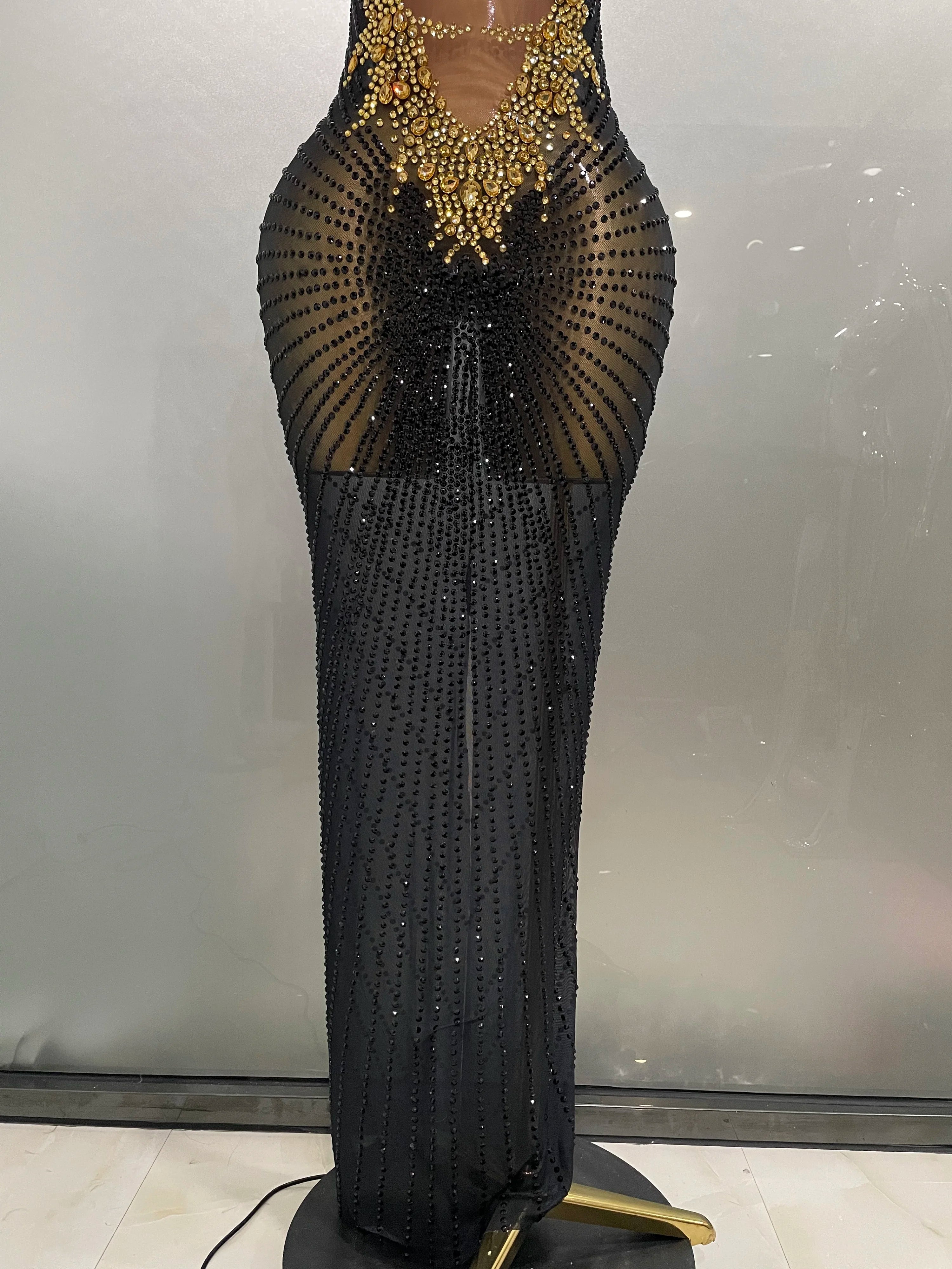 Stock Sparkly Rhinestone Sleeveless Sheer Long Dress – Women’s Party & Stagewear
