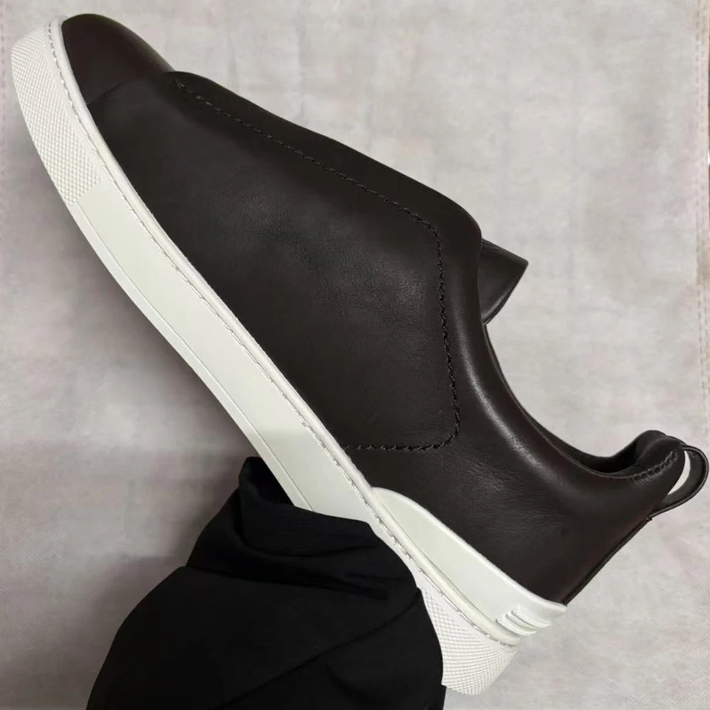 Luxury Leather Men’s Casual Sneakers – Beige Low-Top Loafers