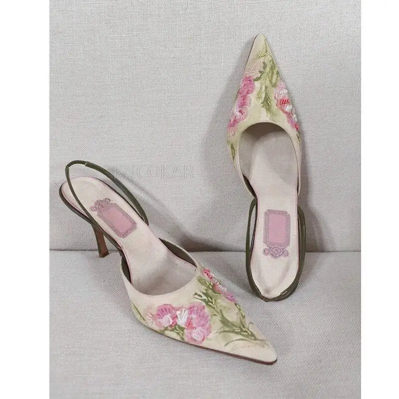 KNCOKAR Embroidered Pointed Toe Thin High Heel Pumps