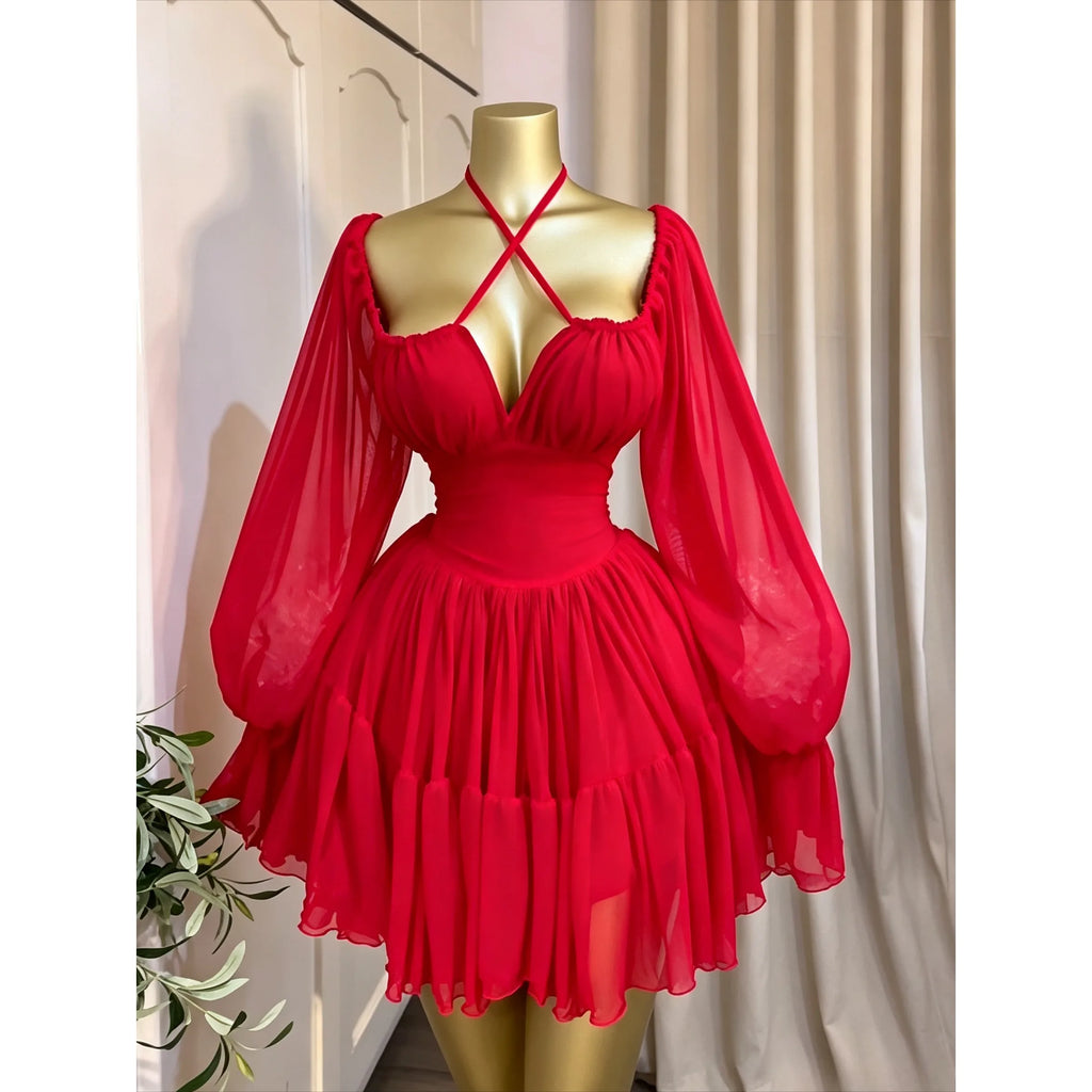 Halter Mesh Flare Sleeve Mini Dress