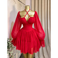 Halter Mesh Flare Sleeve Mini Dress