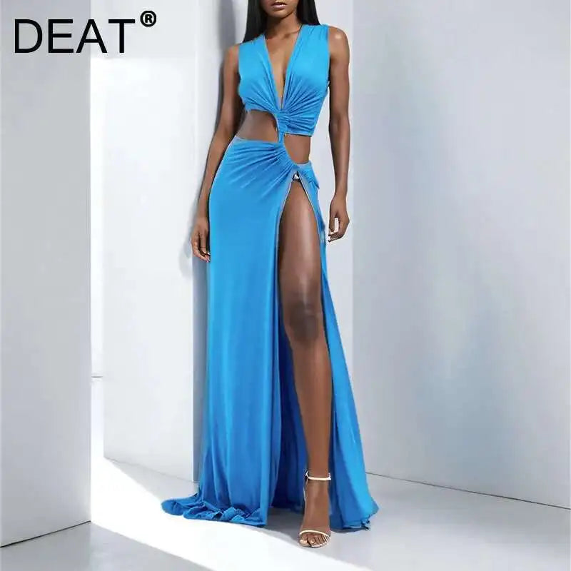 Hollow Out Split V-Neck Midi Dress