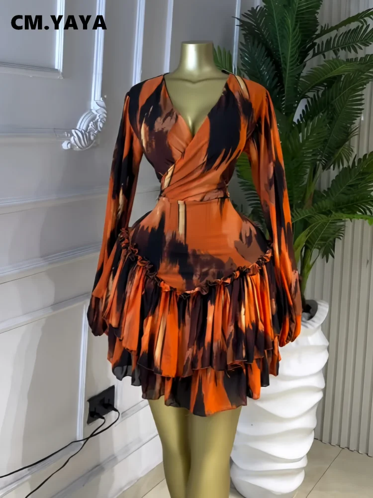 V-Neck Tie-Dye Ruffle Mini Dress