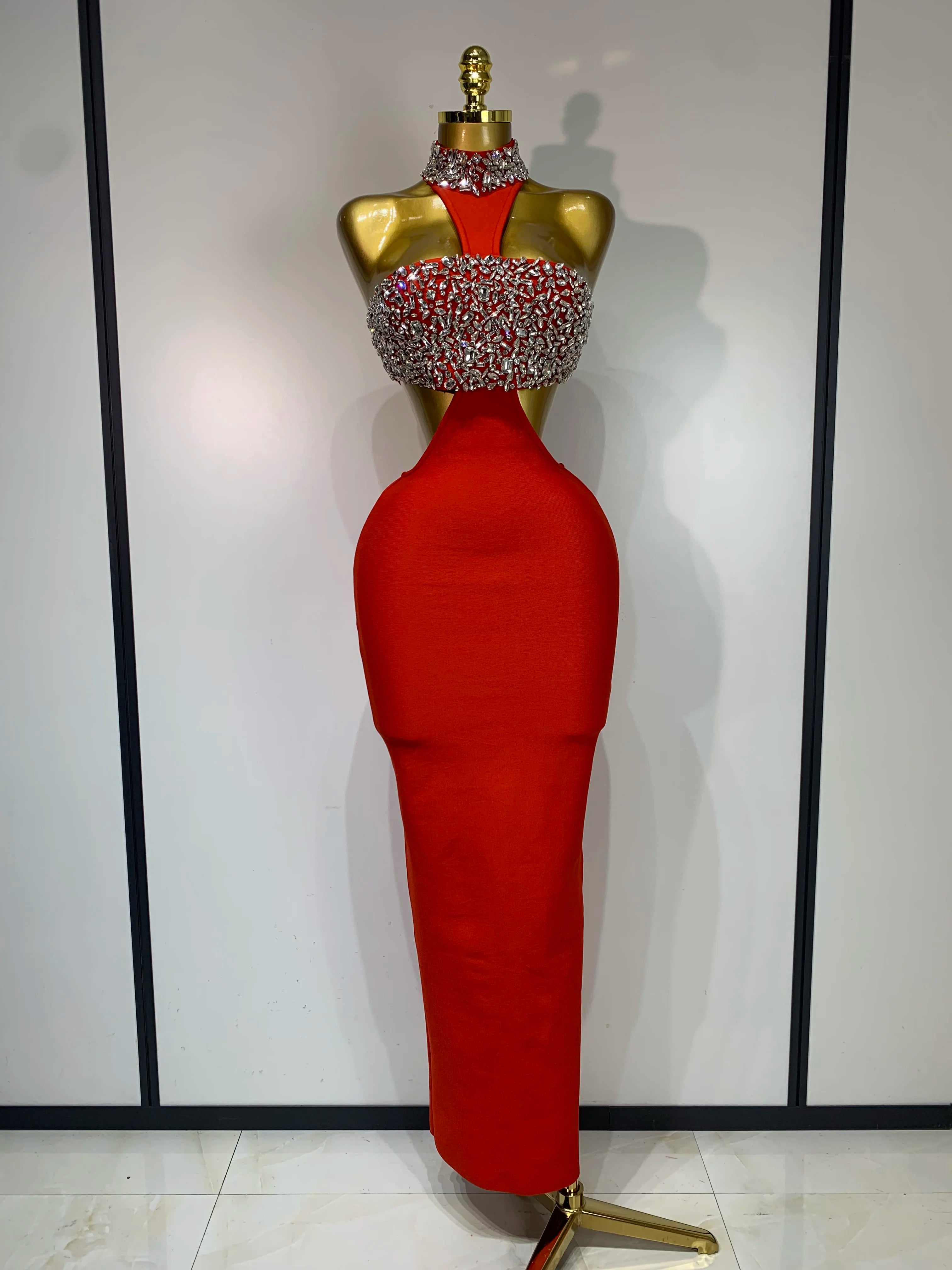 Backless Sparkly Crystal Black Bandage Dress