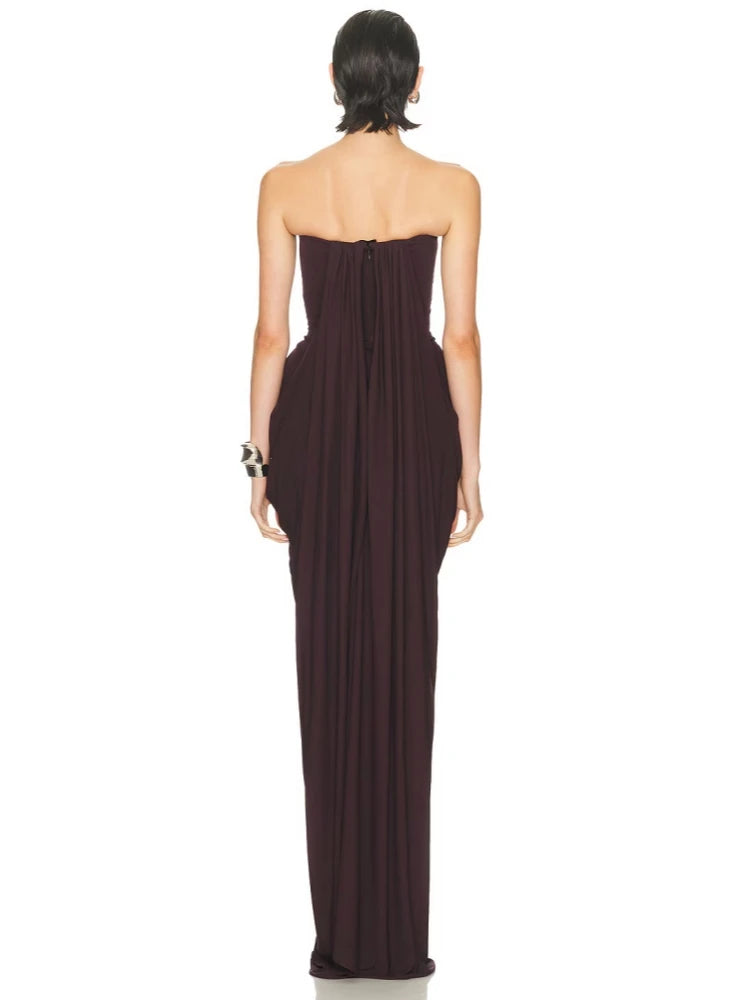 Sexy Strapless Ruched Brown Maxi Dress