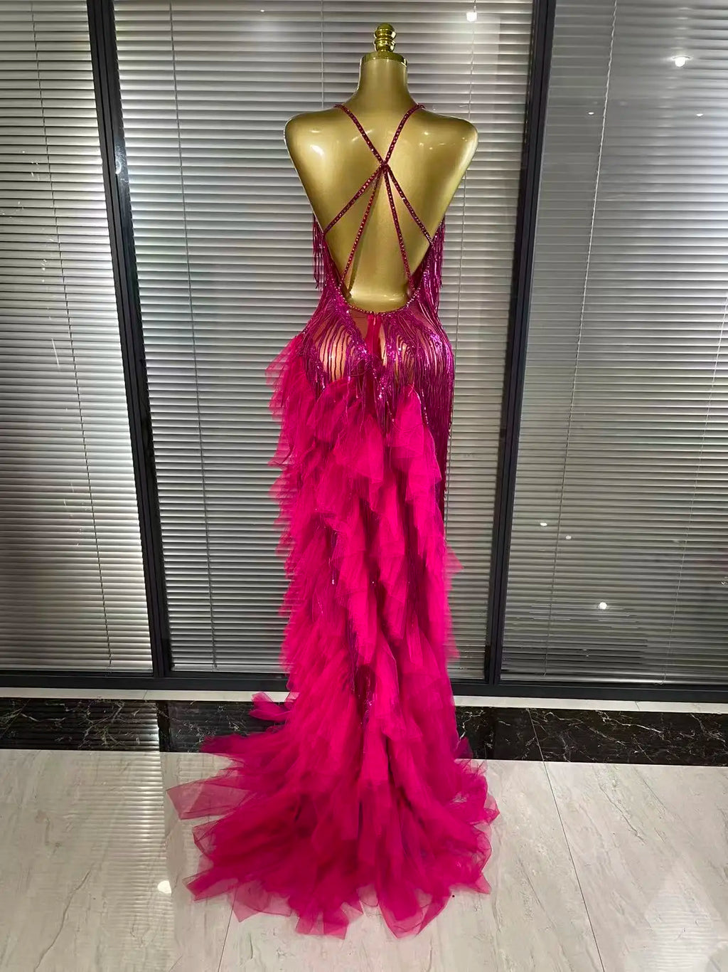 Sparkly Rhinestone Tassel Sheer V-Neck Dress – Sexy Party & Stagewear