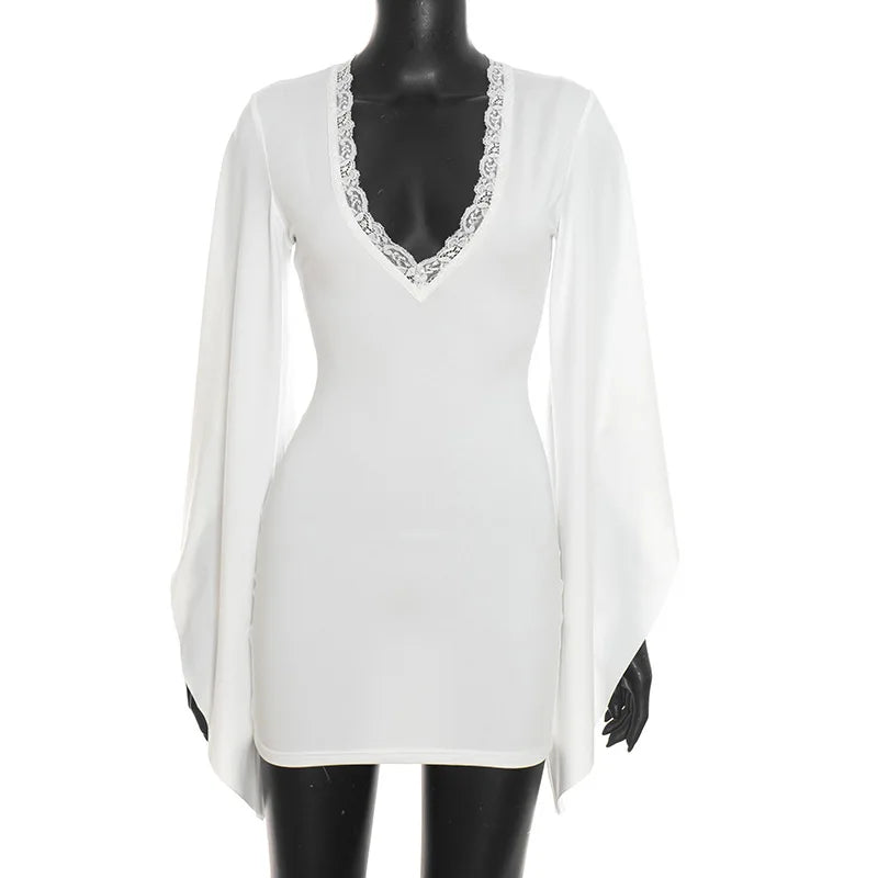 Elegant V-Neck Lace Flare Sleeve Mini Dress