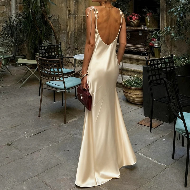 Champagne Satin Backless Evening Gown