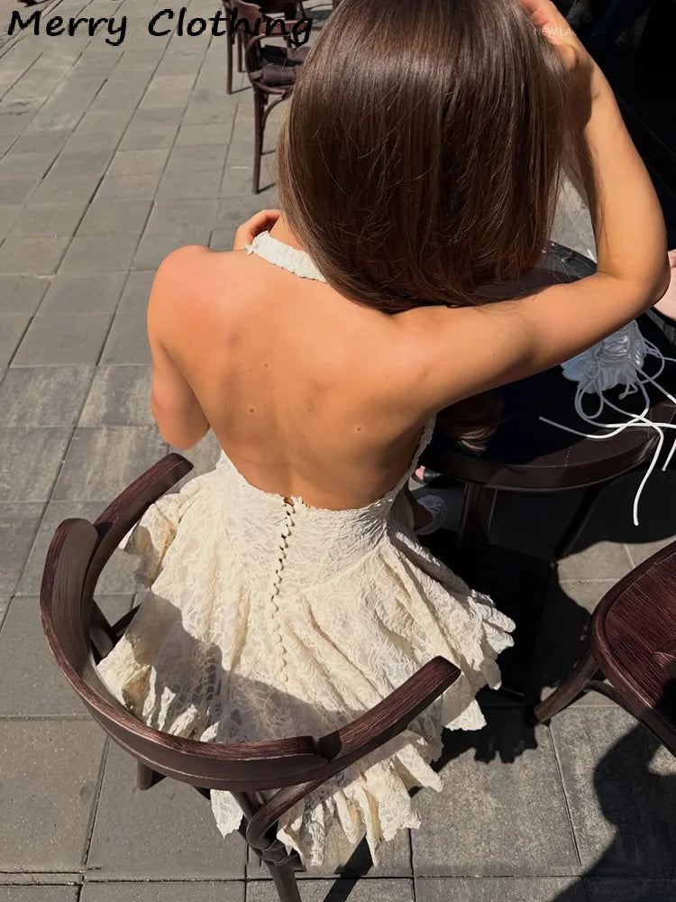 V-Neck Halter Lace Mini Dress