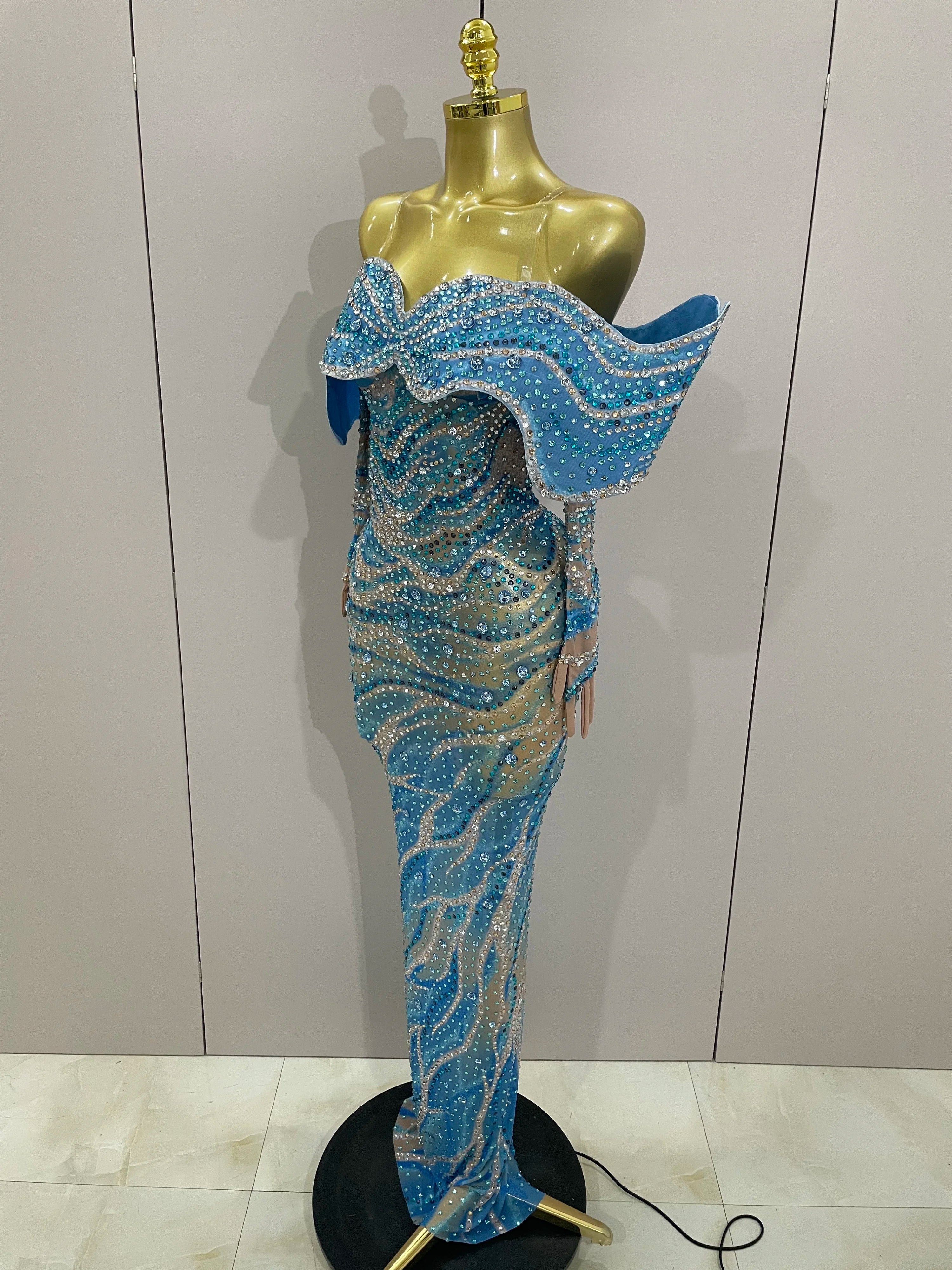 Luxury Blue Rhinestone Long Dress with Gloves – Women’s Party & Evening Gown