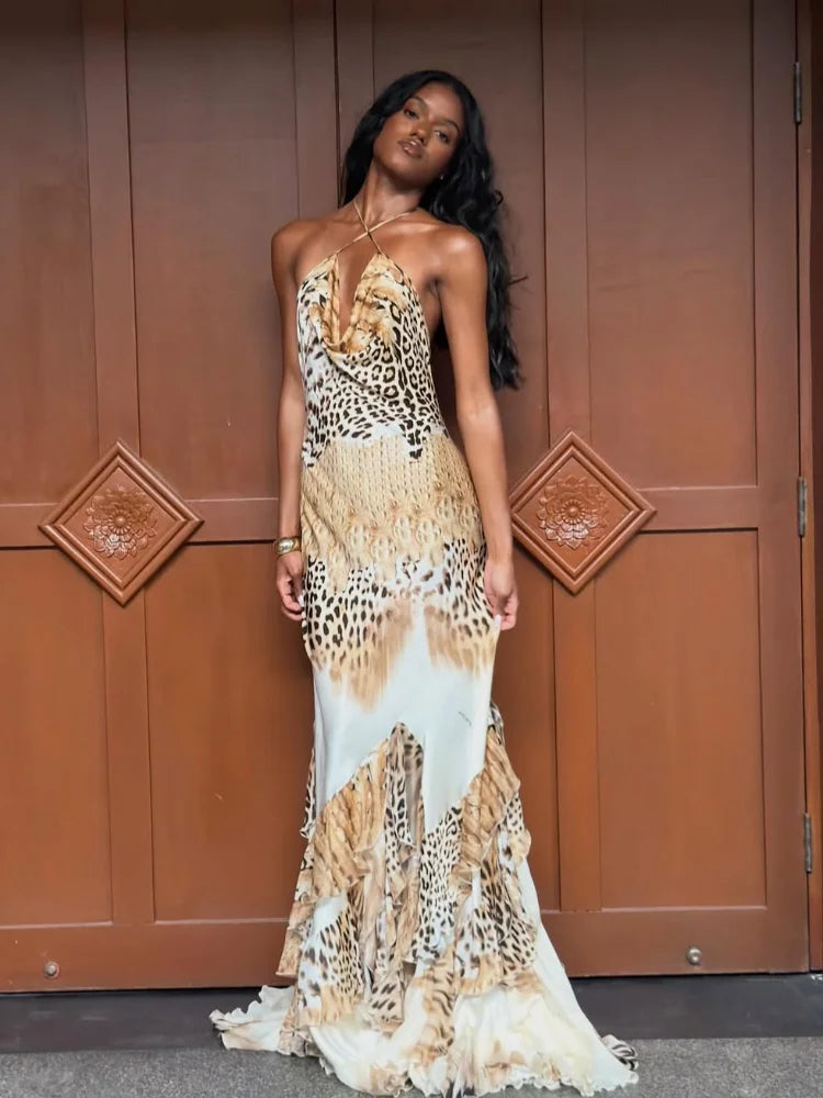 Leopard Print Halter Mermaid Maxi Dress