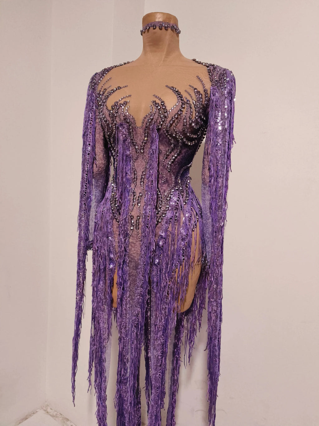 Women’s Purple Rhinestone Tassel Sheer Mesh Dress – Long Sleeve Party & Stagewear