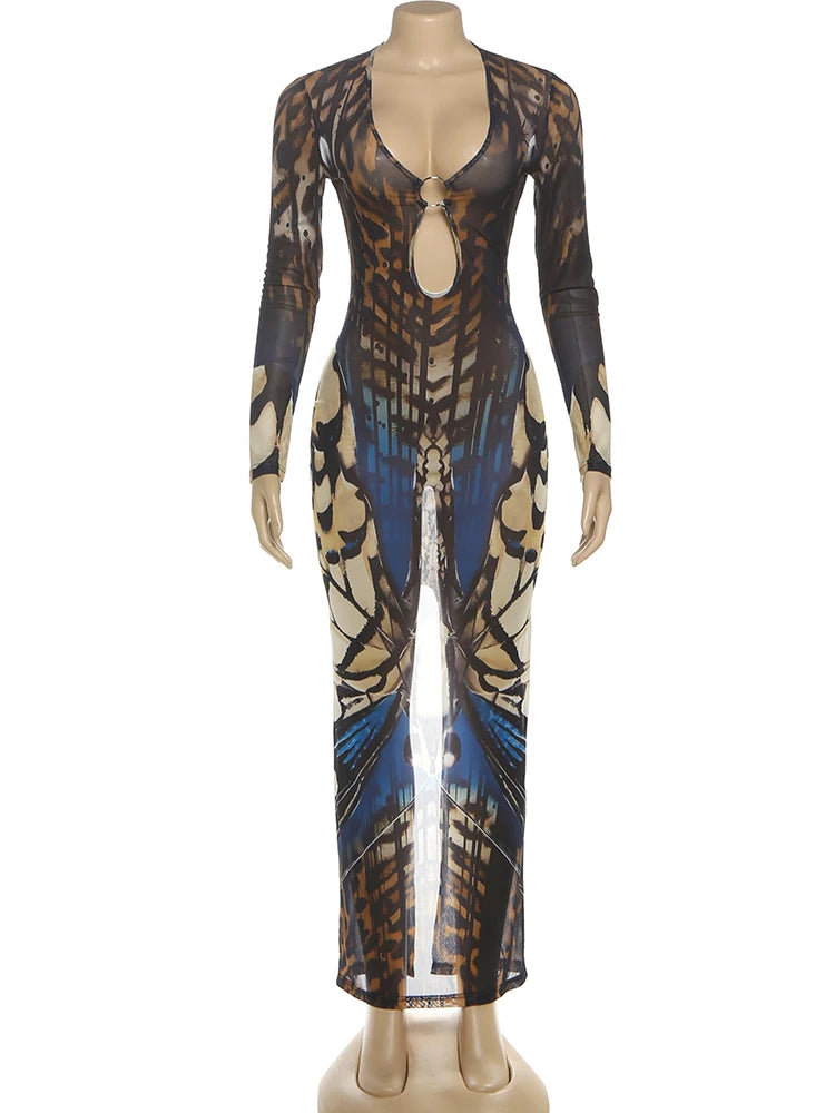 Butterfly Print See-Through Bodycon Dress