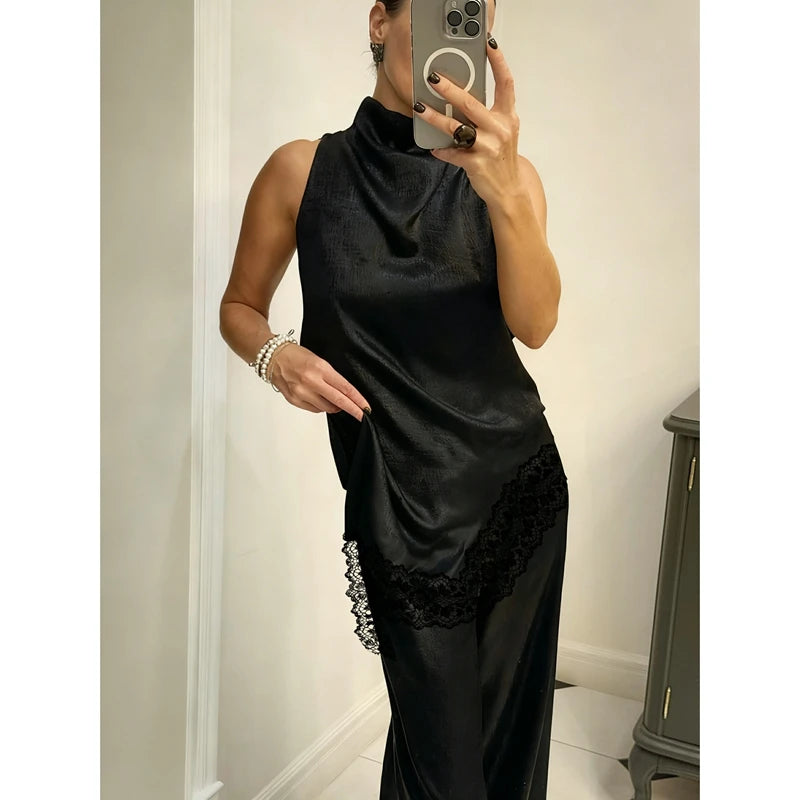 Lace Trim Satin High Low Vest Top