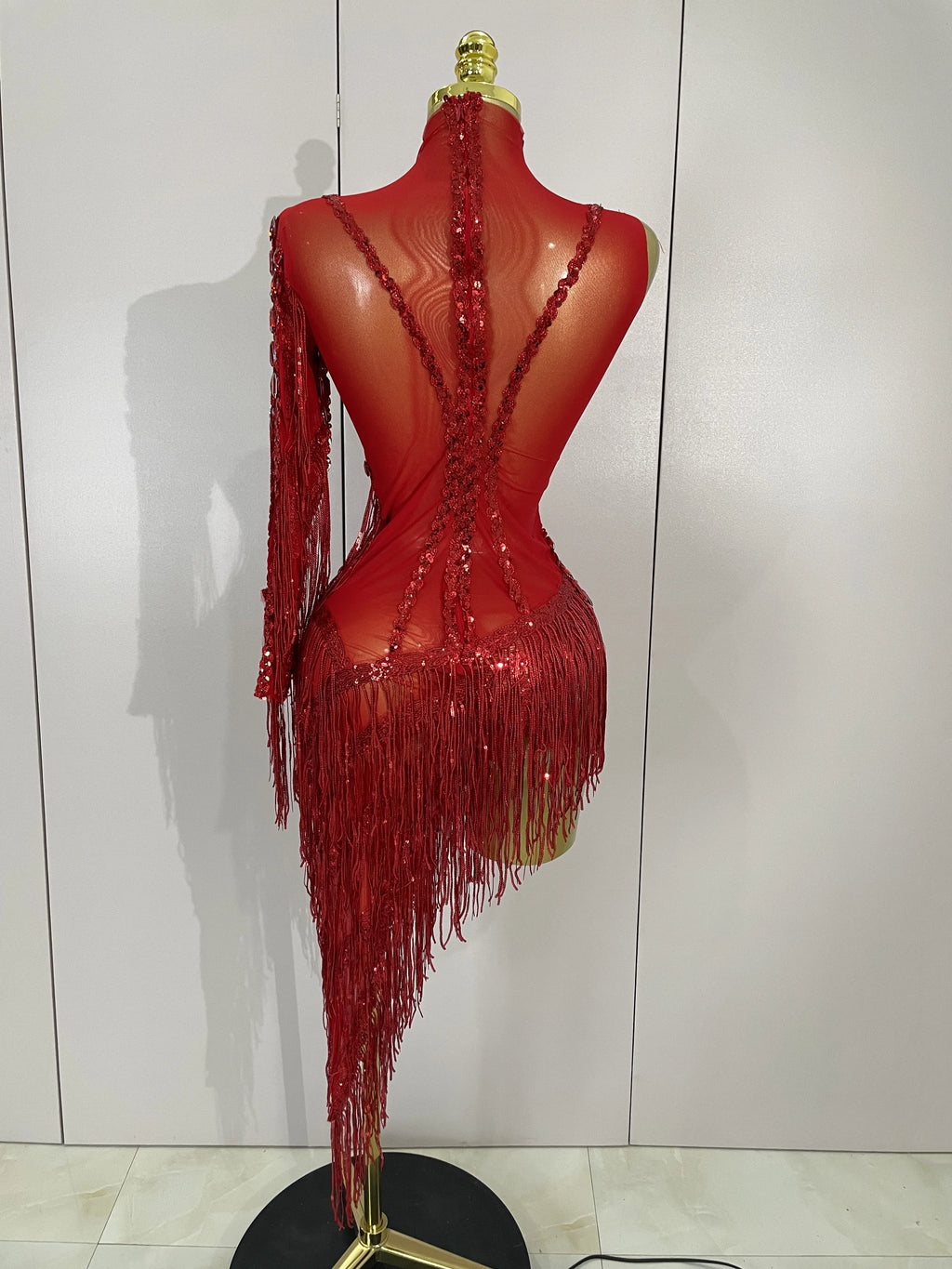 Sparkly One-Shoulder Rhinestone Tassel Latin Dress