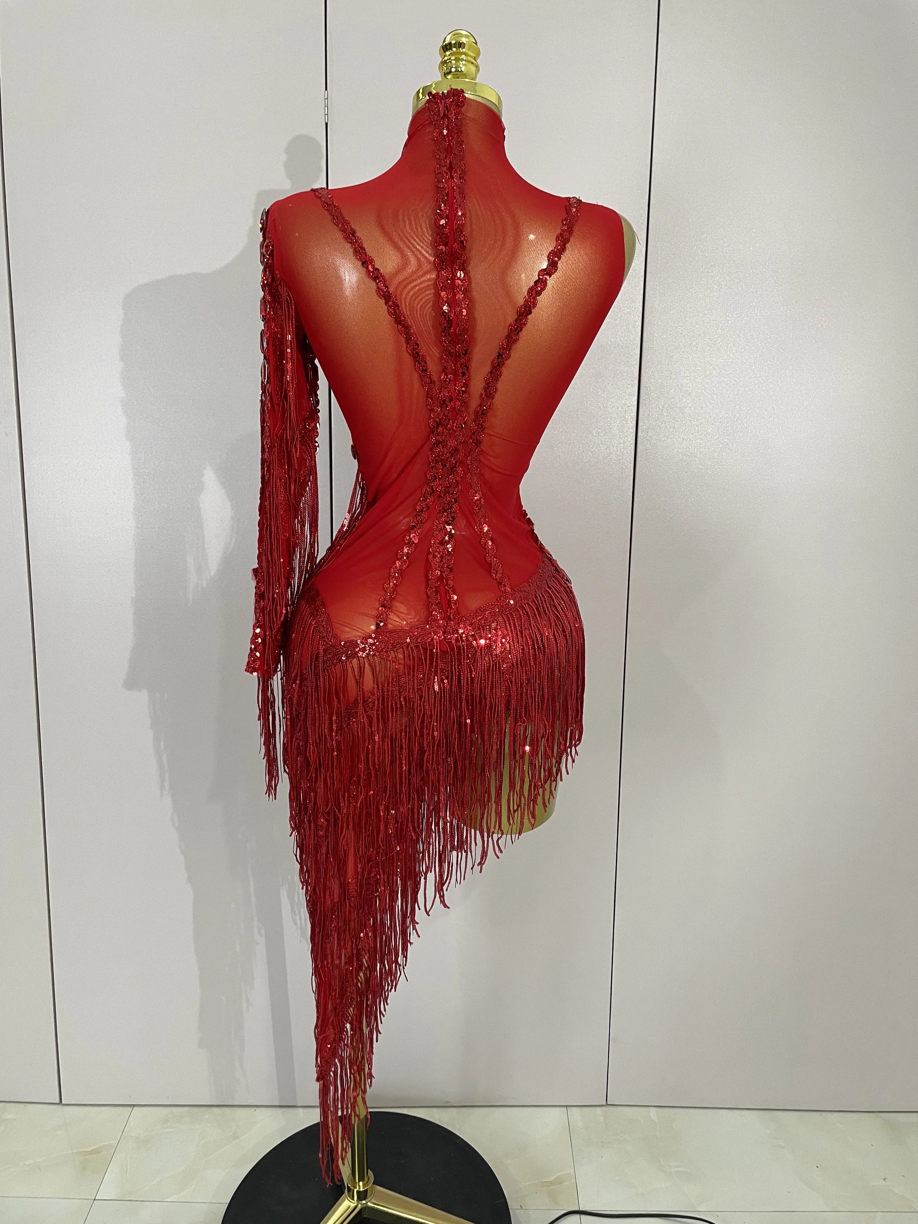 Sparkly One-Shoulder Rhinestone Tassel Latin Dress