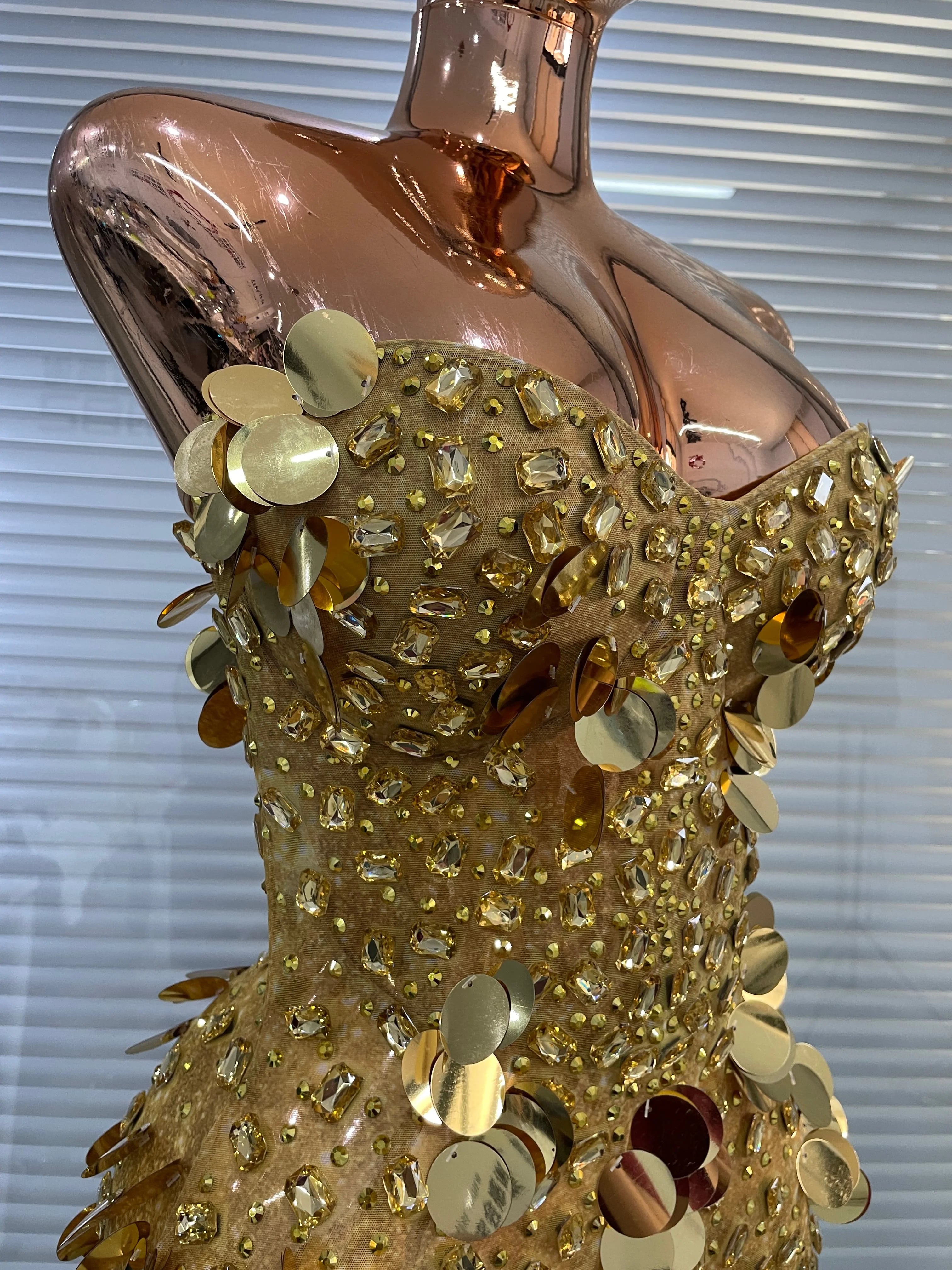 Women’s Gold Glitter Rhinestone Corset Mini Dress – Sexy Party & Showwear