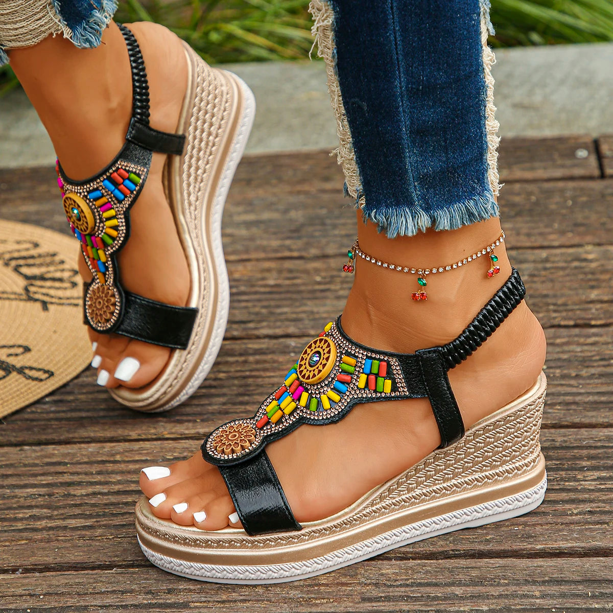 Ronbin Barde Bohemian Bead Wedge Summer Sandals