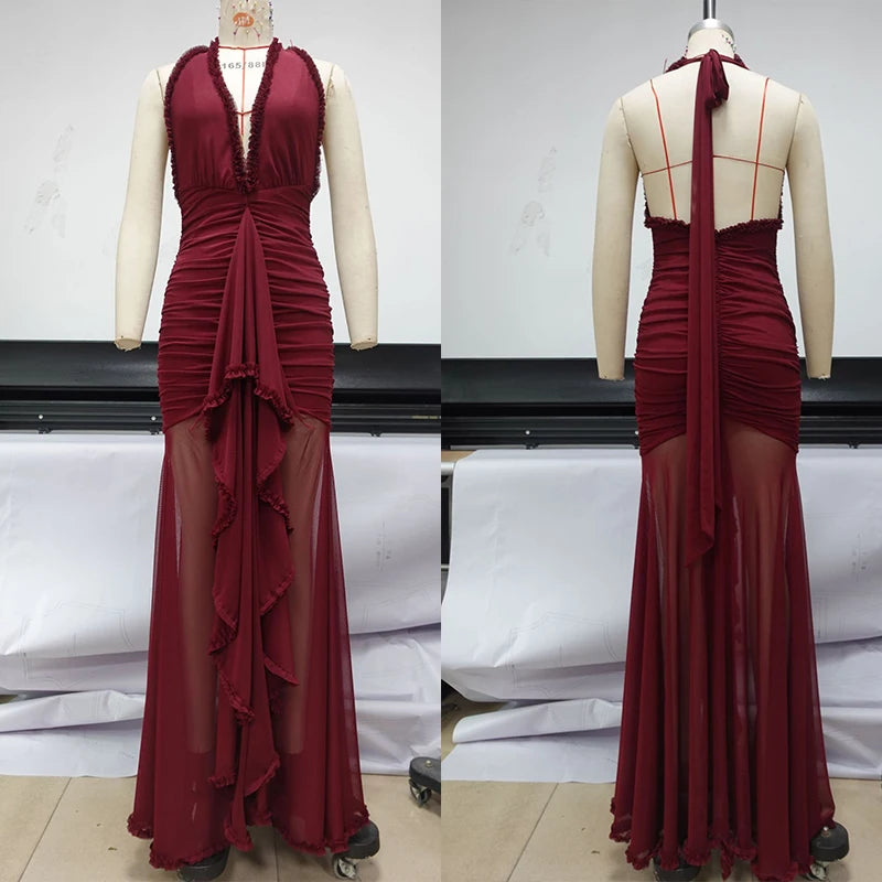 Ruched Mesh Halter Mermaid Maxi Dress
