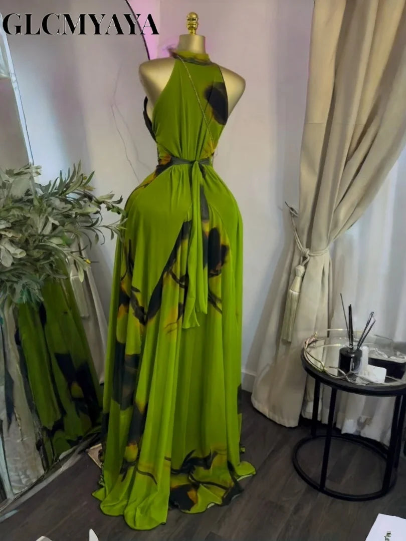 Sleeveless Printed Sashes A-Line Maxi Dress