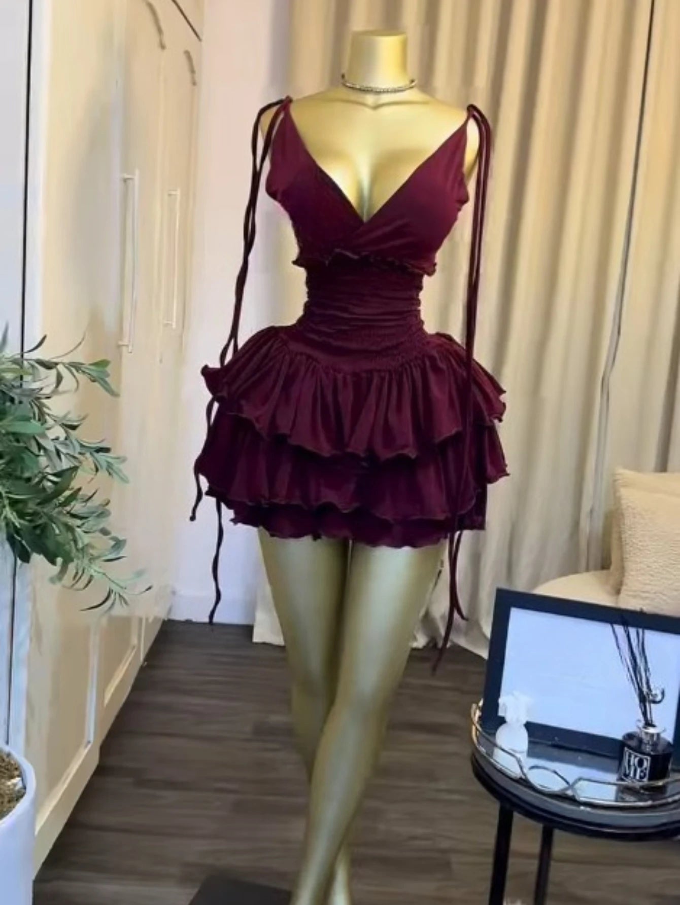 V-Neck Ruched Tiered Ruffle Mini Dress