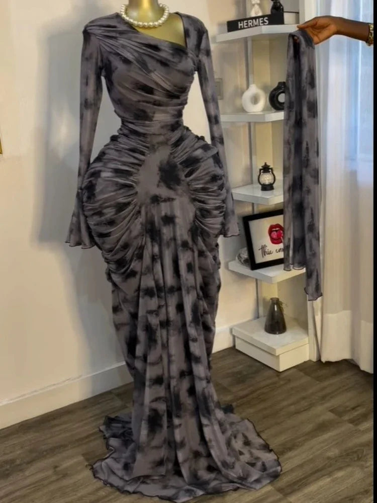 Tie-Dye Skew Neck Flare Sleeve Maxi Dress