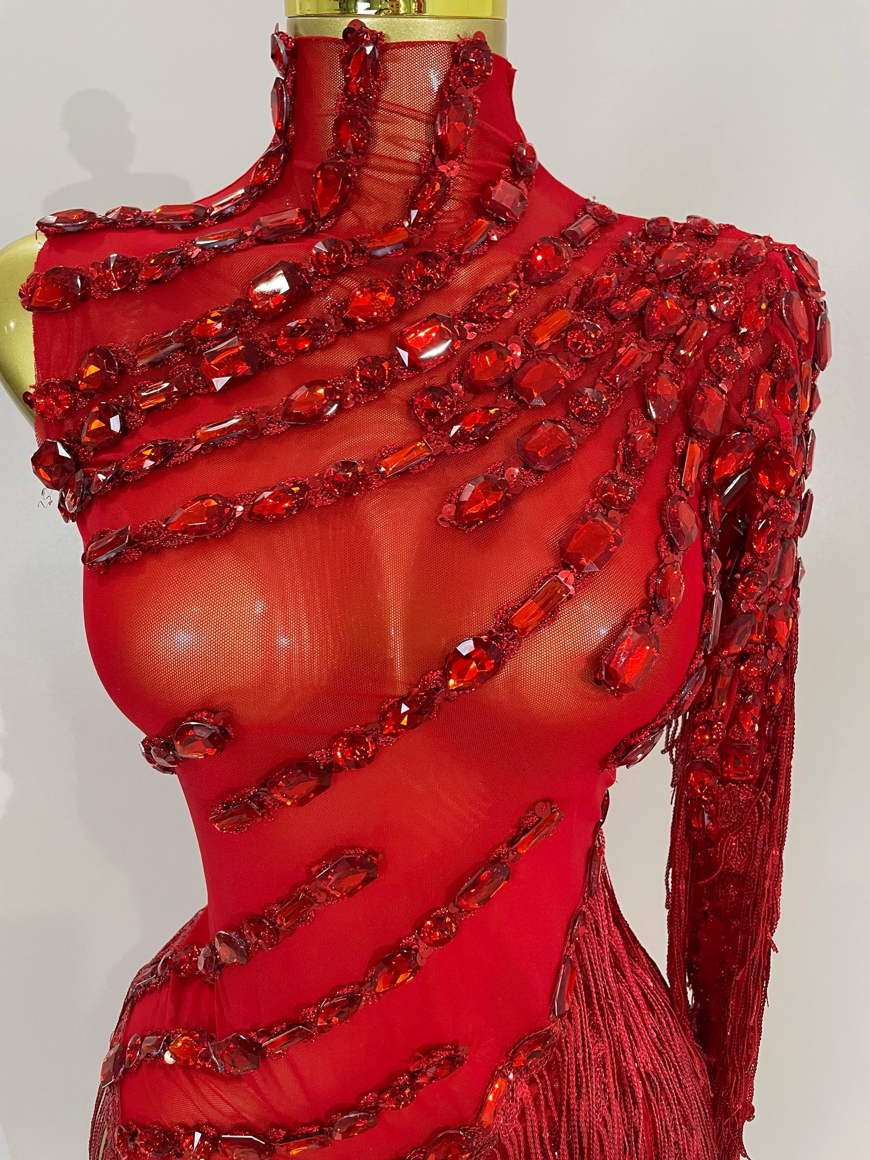 Sparkly One-Shoulder Rhinestone Tassel Latin Dress