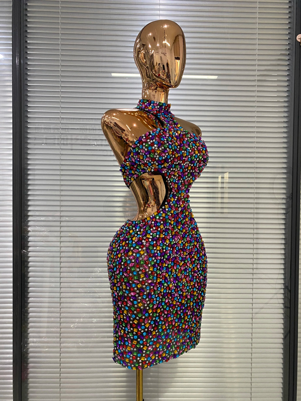 Colorful Rhinestone Cut-Out Backless Bodycon Mini Dress
