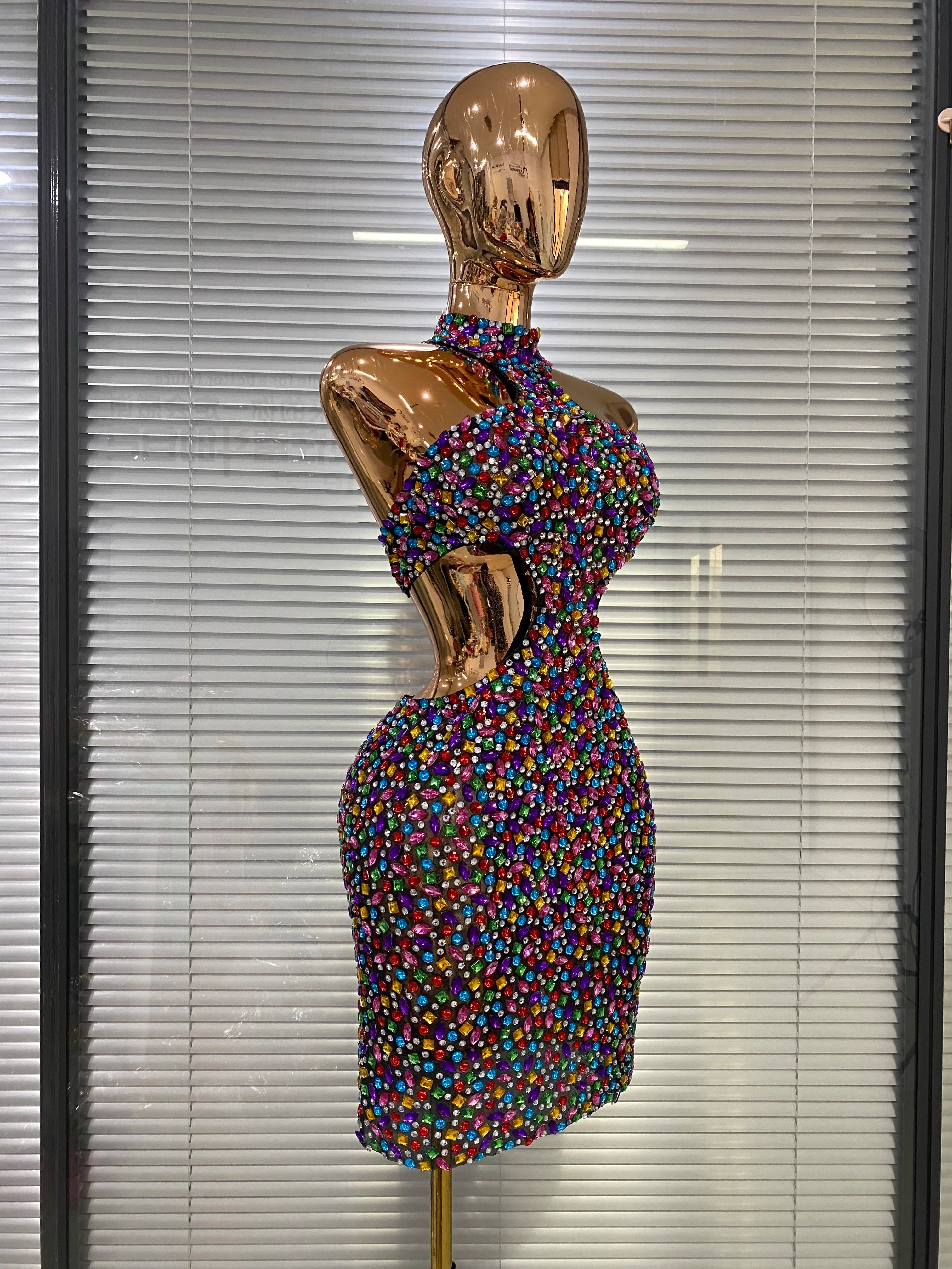 Colorful Rhinestone Cut-Out Backless Bodycon Mini Dress