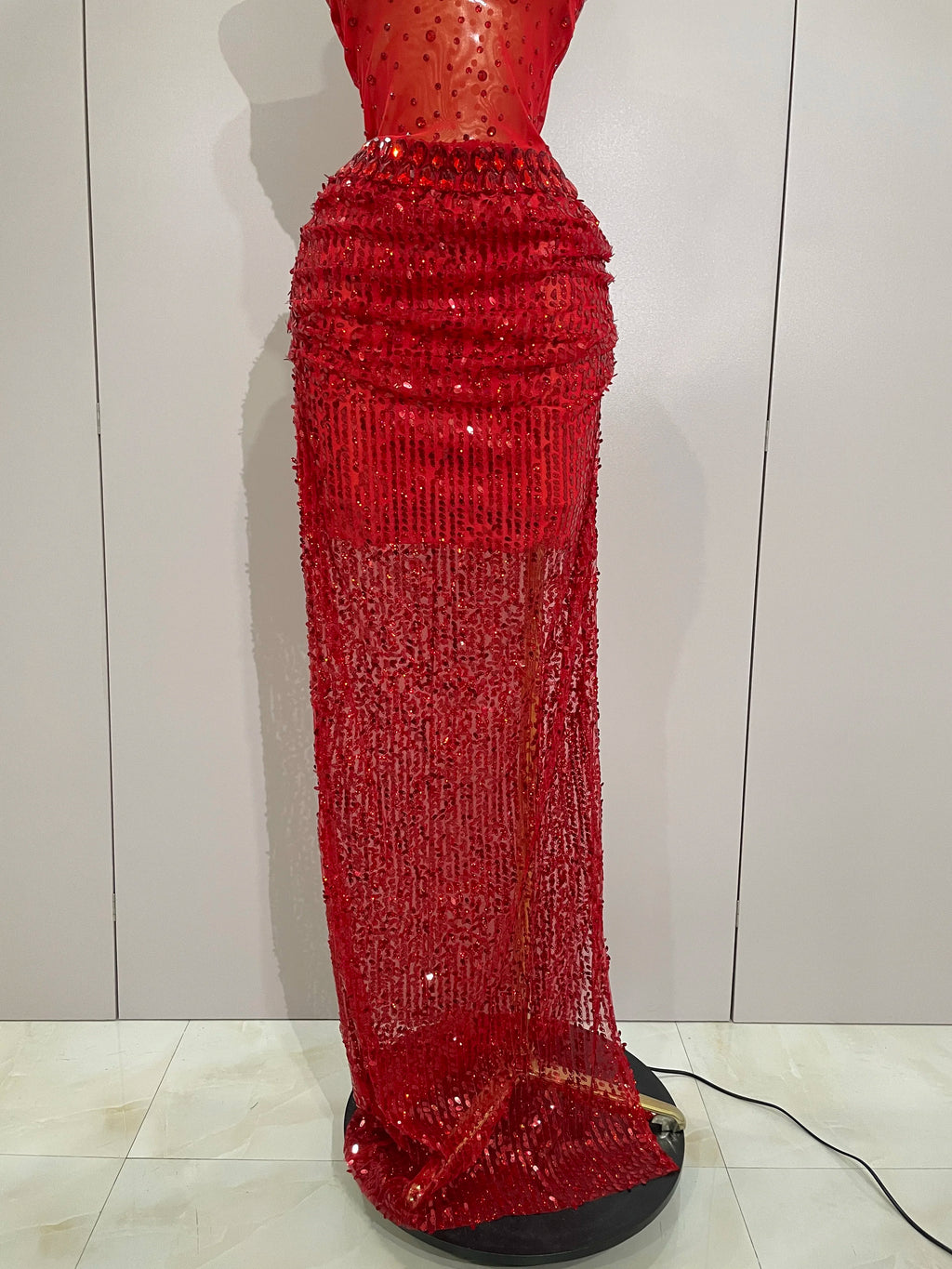 Sparkly Red Rhinestone & Sequin 2-Piece Sheer Long Dress – Women’s Party & Stagewear