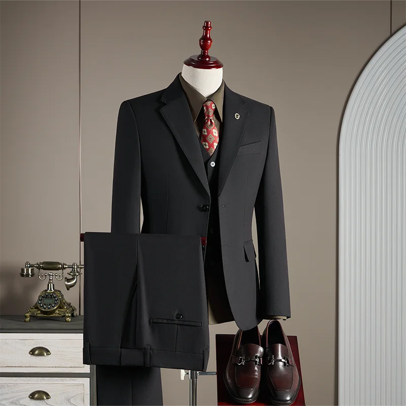 Men’s High-End Wool Blend Suit – British-Style 3-Piece Gray-Blue Wedding Suit