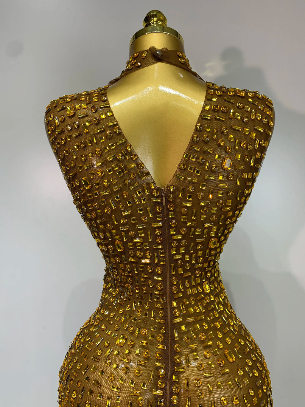 Sparkly Gold Rhinestone Sleeveless Mesh Long Dress